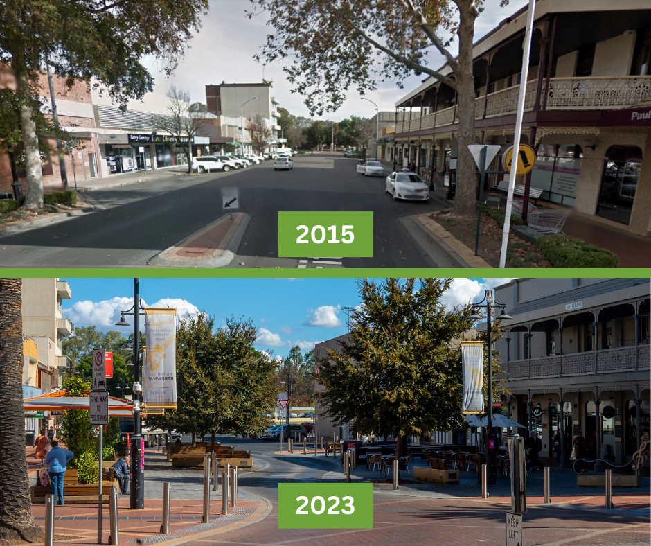 fitzoy street comparison from 2015 v 2023 showing the new streetscape and amazing tree growth in a hardscape environment