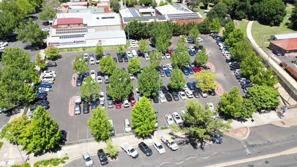 An exampe of how to plant urban trees with Trees used to shade a carpark in Orange, NSW.